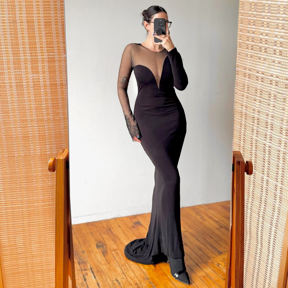 Black Asymmetric Mesh & Lace Evening Gown